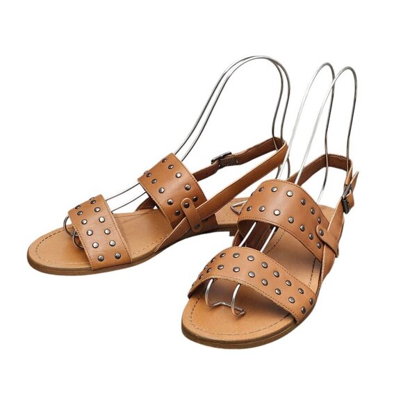 Vince Camuto Rickita Studded Leather Tan Open Toe Sling Back Flat Sandal - Picture 2 of 11